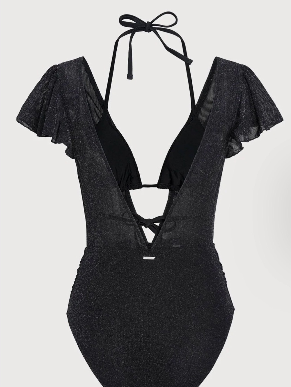 Women’s Black Ruffle-Sleeve Halter One-Piece Swimsuit